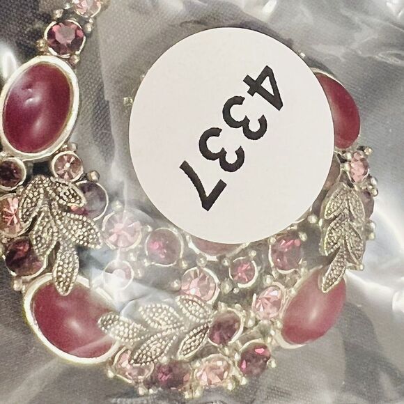 Retro Vintage Brooch Leaf Swirl Burgundy Red Rhinestone Cabochon Foliage 4337 - Picture 7 of 7